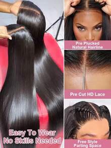 34 Inch Wear And Go Glueless Wig 13x4 13x6 Lace Front Wigs Human Hair Pre Plucked Straight HD Lace Front Wigs Brazilian Virgin Human Hair 200 Density With Baby Hair Straight Glueless Wigs Human Hair For Women - Natural Black - 查看 2
