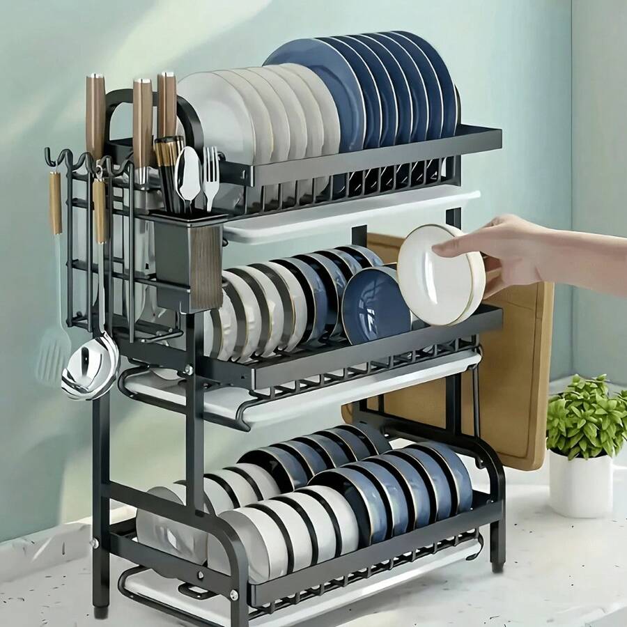 3-Tier Dish Drainer Organizer Black Stainless Steel Rack - 黑色 - 查看 1