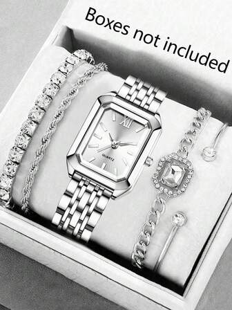 JasonRolls 5pcs Set, Women's Watch, Fashionable Luxury Silver & Gold Stainless Steel Band Business Watch, Alloy Material, Alloy Bracelet Set, Daily Wear Matching, Watch & Bracelet Set, Gift For Women