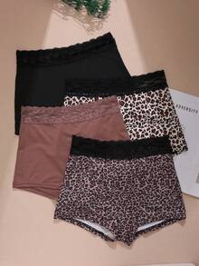 4pcs Women's Elegant Lace Patchwork Boyshorts, Comfortable Women's Four-Corner Underwear - Multicolor - View 4