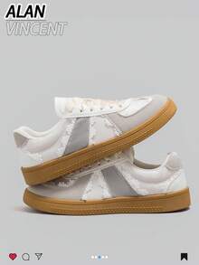 Alan Vincent[Free Returns And Exchanges][Local Delivery][Quick Arrival]New Shoes Lace-Up Flat Casual Shoes For Women Beige Sneakers Fashionable And Comfortable Women's Shoes Suitable For Shopping Light And Cute Lace Decoration Silk Shoelaces Box Packaging - 米色 - 查看 5
