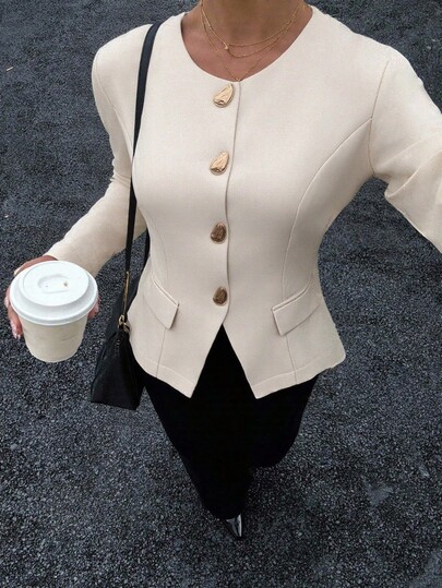 Abrigo de mujer de manga larga, cuello redondo, de tela tejida, de longitud regular, con detalles de botones únicos para un aspecto elegante