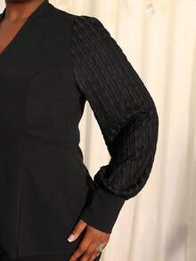 Women's Plus Size Stylish Black Peplum Coat V Neck Bishop Sleeve Jacquard Ruffle Detail Knitted Fabric Long Sleeve Button Closure Button Blazer