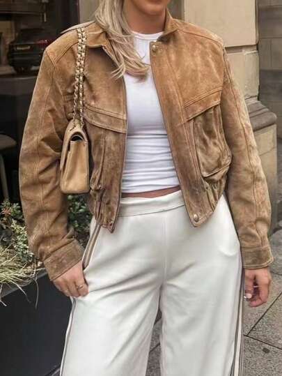 SOLTRB Women's Casual Chic Commuter Vintage Lapel Suede Solid Color Pocket Zipper Jacket, Office & Daily Wear