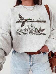 Women's Casual Loose Fit Crewneck Long Sleeve Sweatshirt With Duck Animal Painting Print, Fall Clothes - Màu Xám nhạt - Xem 8
