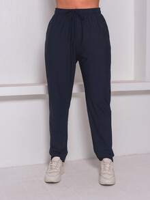 Women's Simple Knot Pocket Drawstring Pants - Red - View 3