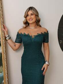 Long Off-The-Shoulder Party Dress In Shiny Lace - Dark Green - View 8
