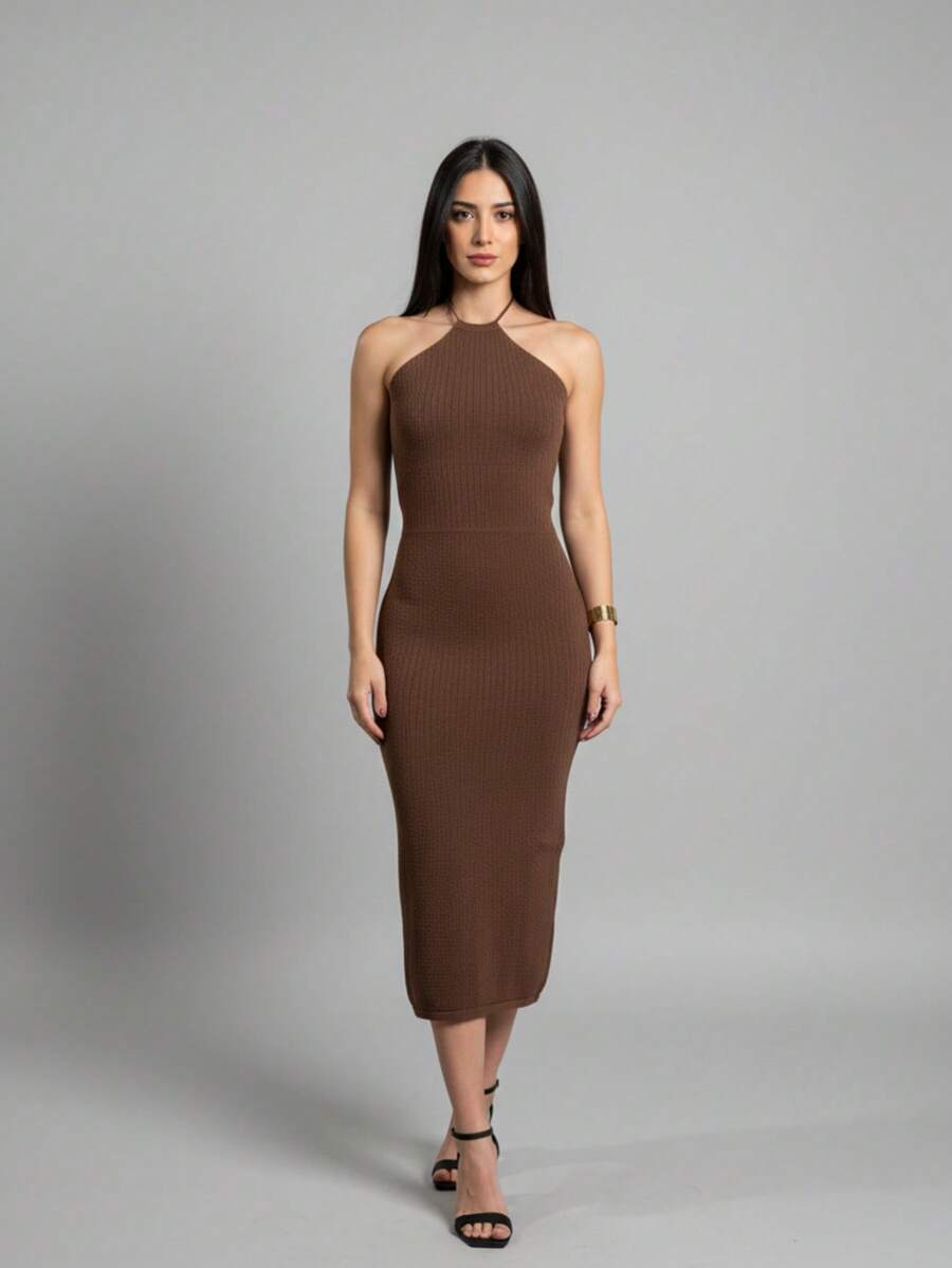 Halter Neck Midi Dress Knit Summer Simple Backless Asymmetrical Formal & Evening Wedding - Rust Brown - View 1