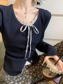 蕾丝拼接单排扣长袖叠层T恤上衣，休闲春季款 - 藏蓝色 - 查看 4