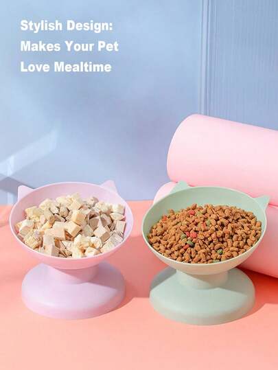 Plastic Cat Bowl With Cute Cat Ears For Feeding Water And Food, Used For Neck Protection, Macaron Style, Multiple Colors