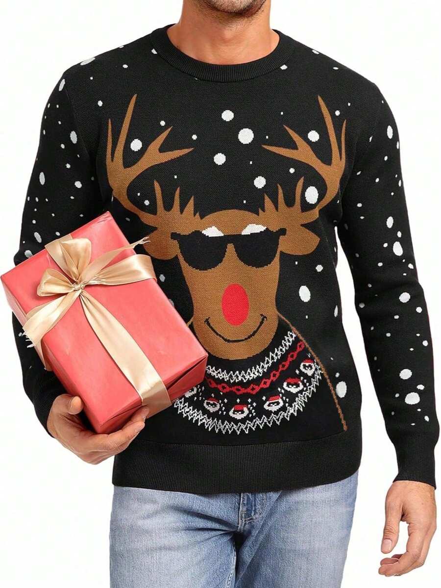 Men's Fashionable Christmas Holiday Knit Pullover Sweater, Fall/Winter, Long Sleeve Top - Black - View 1