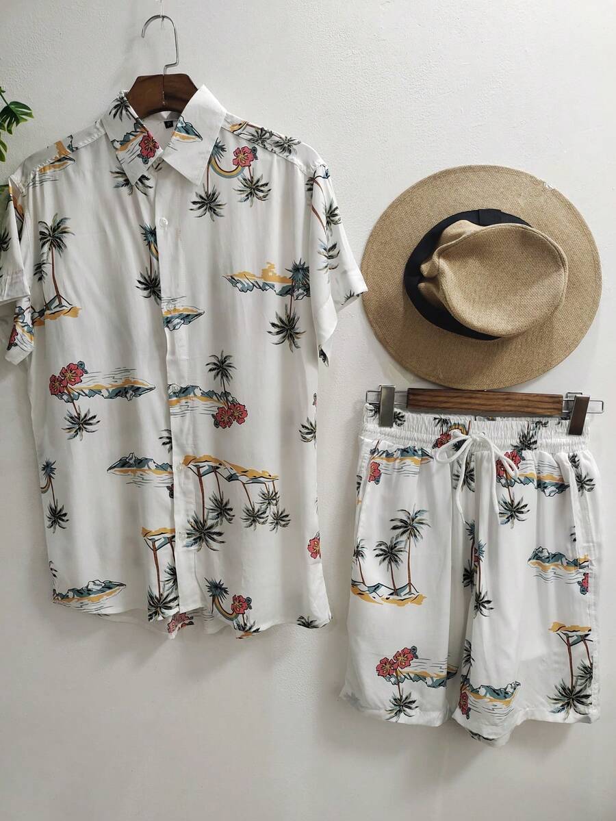 Set Of Men's Shirts And Shorts With Hawaiian Print, Summer Beach Short Sleeves, Viscose With Elastane, Shrinks A Little - 綠色 - 查看 1