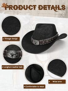 Sombrero unisex bohemio de vaquero - Sombrero vaquero vintage occidental con decoración de cabeza de ganado y cinturón, Panamá de fieltro suave hecho a mano, ala ancha, retro para fiestas