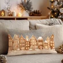 1pc Christmas Retro Town Street Snow Landscape Cushion Cover, Single-Sided Printed Peach Velvet Material, 30*50cm/40*60cm Pillow Case Suitable For Christmas Winter Room Decor, Modern Minimalist Sofa Living Room Decor, Party Decor, Gift