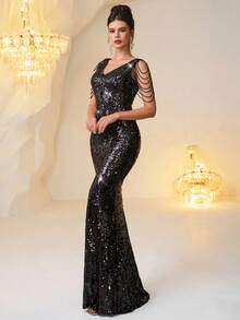 Elegantes Damen Abendkleid in Schwarz mit V-Ausschnitt, Pailletten, Perlen und Kristallkette, Meerjungfrauenschnitt, geeignet für formelle Abendessen, Partys, Hochzeiten, Geburtstagsfotoshootings, Dates