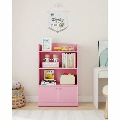 Book Storage Bookshelf And Toy Storage With Doors Toddler Toy Organizer For Room Classroom Playroom Pink
