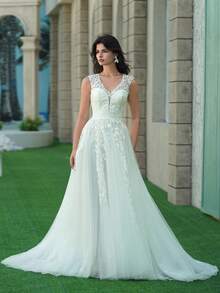 YOUKEFEIER 2025 Latest Classic Elegant V-Neck Lace Embroidered Sequin Wedding Dress