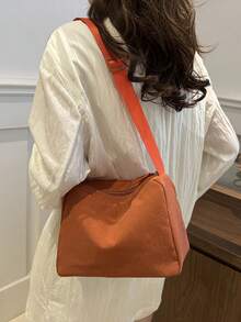1pc Solid Color Polyester Casual Zipper Crossbody Bag, Suitable For Women's Daily Use - Orange - View 4