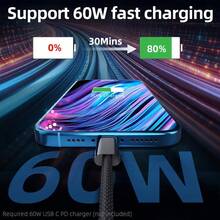 3pcs USB-C To USB-C Data Cable 60W, 6.6ft 48Strand Nylon Braided| 20V/3A PD Fast Charging And Data Sync, Compatible With MacBook, , IPad Pro, Galaxy,  15, Oxygen-Free Copper Wire, Jet Black - màu đen - Xem 5