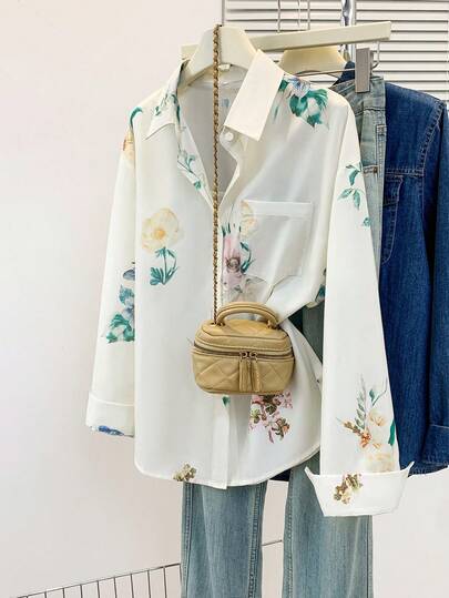 YUXIN Exclusive For Ladies! Light And Soft White Floral Printed Turn - Down Collar Long - Sleeve Blouse, A Versatile Piece For Spring And Autumn, Can Be Worn For Casual Or Elegant Looks