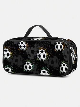 男童大容量多层铅笔盒，足球图案 - 适合学校/中学/大学/学习/办公室使用