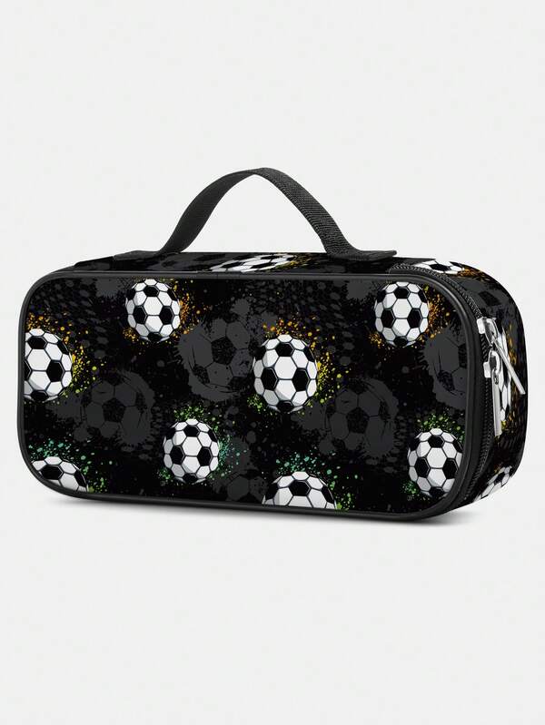 男童大容量多层铅笔盒，足球图案 - 适合学校/中学/大学/学习/办公室使用