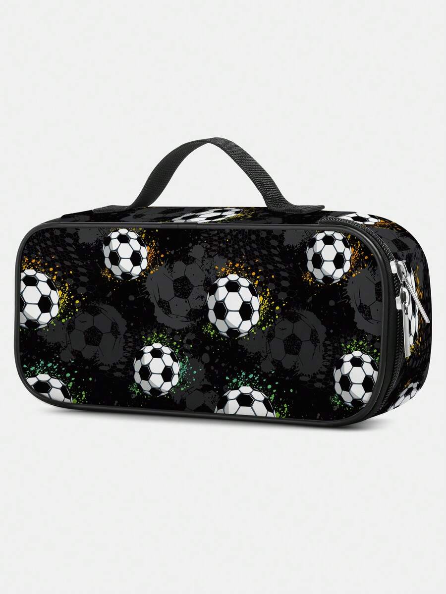 男童大容量多层铅笔盒，足球图案 - 适合学校/中学/大学/学习/办公室使用