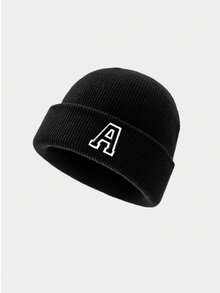 1pc A-Z Letter Kids Knit Beanie Hat, Solid Color Warm Knitted Cap, Suitable For Boys And Girls, Suitable For Outdoor And Daily Wear - Black - View 10