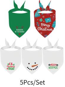 5pcs Christmas Pet Bibs, Single Layer Dog Bandanas With Christmas Tree & Snowman Prints