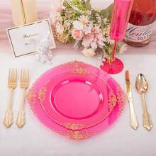125PCS Plastic Plates - Elegant And Gold Dinnerware Set - Heavy Duty Disposable Plates With Gold Silverware Sets For 25 Guests For Wedding & Party & Bridal Shower - màu hồng tươi sáng - Xem 2