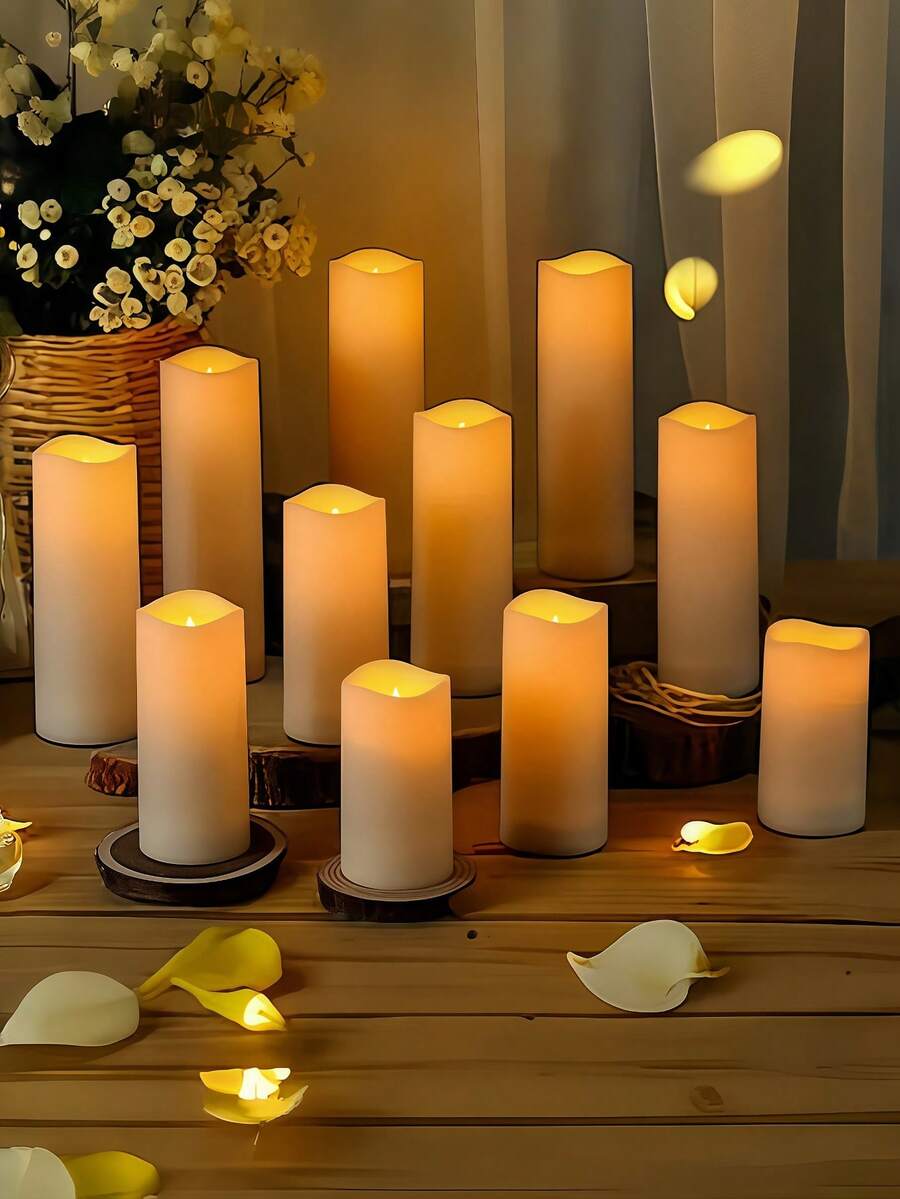 24pcs Waterproof LED Candle Lights With Remote Control And Timer, Outdoor Flickering Flameless Candles, Battery Operated Pillar Candles For Home Decor, Holiday Party, Mother's Day, Christmas, Realistic Candle Lights, Valentine's Day, Gifts, LED Candles, Fake Candle Lights, Tabletop Center Decor, Wedding Decoration - 米色 - 查看 1