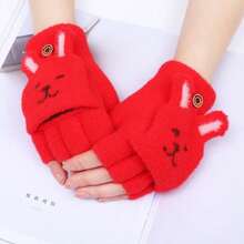 Plush Bunny Face Winter Gloves With Bunny Ears And Pink Flap Half Finger Design - Soft, Durable, Hand Washable Winter Gloves For Girls - Màu xanh nhạt - Xem 3