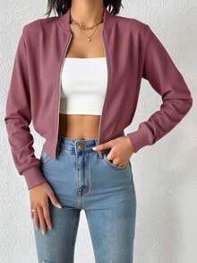Chaqueta bomber corta con cremallera de color liso, chaqueta ligera de mujer de uso casual para primavera/otoño con manga regular, cuello tipo béisbol y ajuste regular en color negro liso - Rosa vieja - Ver 4