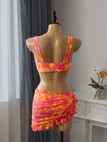 Bellisia 3 pièces/Set Top à bretelles et bikini imprimé floral aléatoire pour femmes, tenue de plage d'été - Multicolore - Voir 6