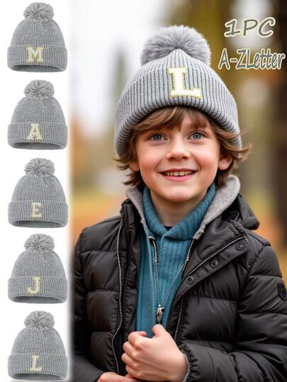 1pc Knitted Hat With Pom Pom For Baby Boys, Girls, Children, Minimalist Style Winter Beanie, Suitable For Outdoor Activities And Daily Commute