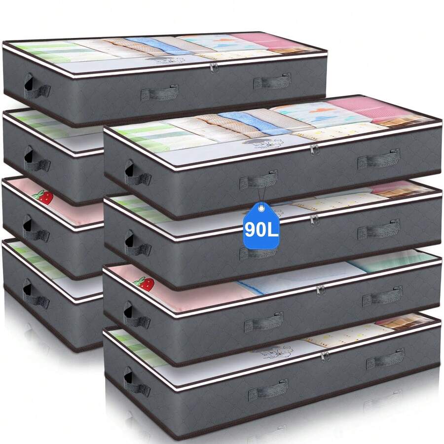8 Pack 90L Under Bed Storage Containers, Large Capacity Underbed Storage Bags Organizer, Thick Fabric Storage Bins With Clear Window And Reinforced Handles For Blanket Comforter Bedding Clothes - Xám - Xem 1