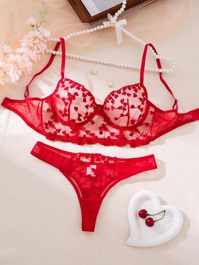 2PCS Women's Red Bow Embroidered Floral Sexy Pajamas Set, Semi Transparent Hollow Cute Floral Women's Ultra Short Top Women's Two Pieces Set, Halloween Style Hot Party Gift