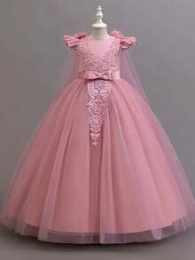 Girls Tulle Flower Girl Dress With 3D Floral Cape And Lace Applique Bow Sash Party Princess Dress For Wedding Birthday Pageant - Dusty Pink - View 6