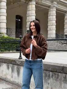 FGGG Brown Short Suede Jacket For Women Autumn Winter Stitched Collar With Long Sleeves Relaxed Fit Versatile Layering Women's Top For Casual Outings Gatherings And Commuting