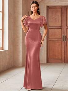MIUSOL Elegant Sequin Lace Sweetheart Neck Ruffle Sleeve Satin Mermaid Hem Formal Party Maxi Fitted Dress Wedding Spring - Dusty Pink - View 3