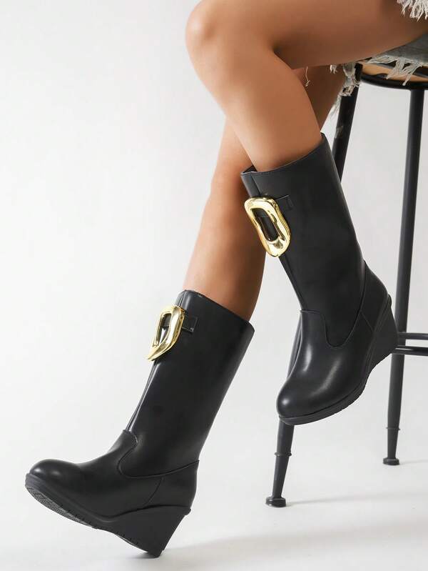 Women's Mid-Calf Boots, Black High Heel Boots, British Style Slimming New Round Toe Side Zipper Flat Heel Tall Boots