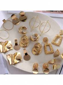 5 pares de aretes geométricos metálicos surtidos, adecuados para uso diario de mujeres, festivales, fiestas, regalos - juego de pendientes - Ver 12