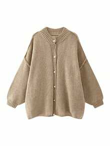 这款自由式白色、黑色、棕色、粉色开襟羊毛衫外套，时尚简约，商务休闲通勤皆宜，优雅度假风，高端百搭，显瘦可爱，韩版风格，建议选小一码。 - 卡其色 - 查看 4