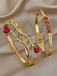 18K Gold Plated Stainless Steel Luxury Elegant Rose & Heart Zirconia Bangle Bracelet Set For Women, Romantic Sweet Jewelry Mom Gift Christmas Thanksgiving Halloween Wedding Rave/Prom/Party/Daily Accessories Gift For Anniversary Valentine's Day Boho Jewelry Birthday Bridesmaid Gifts