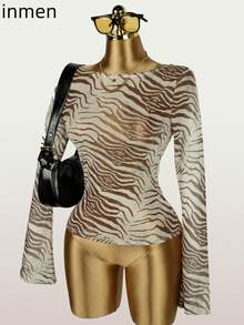 Spring Sexy Brown Y2K Women Long Sleeve Sheer Elegant Floral Print Flowy Blouse, Party & Outing - Brown - View 2
