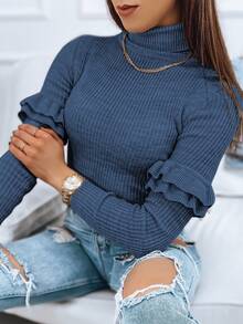 Women's Ribbed Sweater With A Refined Turtleneck And Decorative Ruffles On The Sleeves. Elegant And Soft, This Slim-Fit Sweater Is Made From A Wool And Acrylic Blend And Is Perfect For Everyday Wear And Special Occasions. It Features A Stylish, Feminine Silhouette. - Blue - View 4