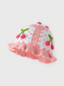 1 件女士手工钩针樱桃针织渔夫帽，温暖且适合秋冬季日常穿着 - F - 查看 4