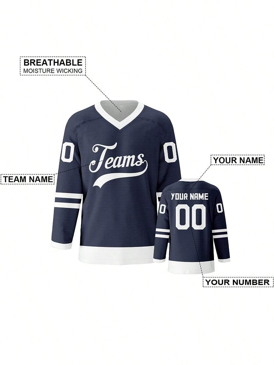 Customized Men Ice Hockey Jersey, Creative Retro Printed Royal Blue Sports Ice Hockey Shirt, Personalized Name And Number Breathable Short Sleeve Ice Hockey Uniform For Training, Games, Everyday Wear And Gifts For Ice Hockey Fans, Fall
