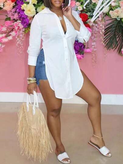 Women's Fashion Casual Sexy Street Cute Solid Color Button Front Short Back Long Split Hem Perennial Daily Long Sleeve Shirt