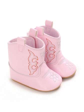 Classic Fashion Infant Casual Boots, Newborn Soft Bottom Anti-Slip Learning Boots With Embroidery Pattern, Flat Boots